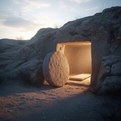 Empty tomb of Jesus Christ, a stone rolled away, with light radiating from inside. Symbol of Resurrection at Easter.