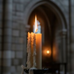 Burning candle with melting wax. Religious worship ceremony. Church interior with arched window in background. Concept of spirituality, remembrance, hope.