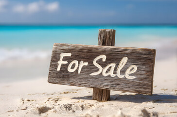 Wooden for sale sign on a sunny beach shows a property offer for traveler and investor during summer vacation, capturing coastal lifestyle, open space, buying, or renting by the sea.