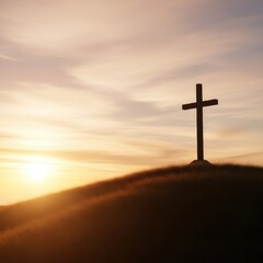 Cross on hill at sunset or sunrise. Religious symbol for spirituality, resurrection, and sacrifice. Good Friday, Easter concept.