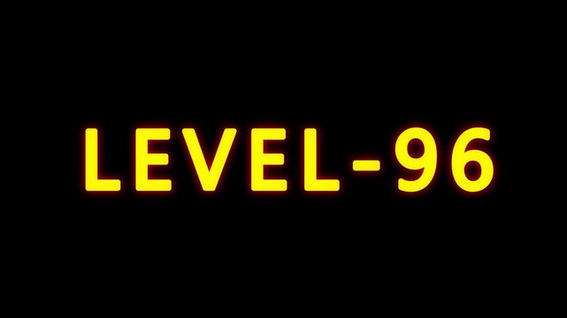 LEVEL 96 text animation on black background. typography ideal for gaming progress, level 96 text bounce animation with glow effect.