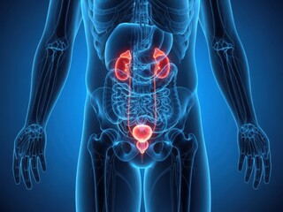 Detailed anatomical illustration of the human urinary system with kidneys highlighted