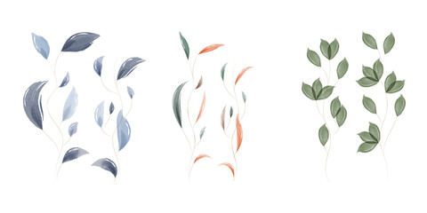 A set of three delicate watercolor leaf illustrations stands against a clean white background. Each group shows slender stems with leaves in varying shades of blue, green, and orange. © okskukuruza
