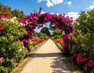 Colorful Floral Archway Leading to a Bright Garden Pathway
