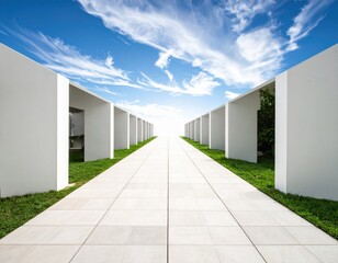 Fototapeta premium Modern Architecture Pathway Surrounded by White Structures and Sky