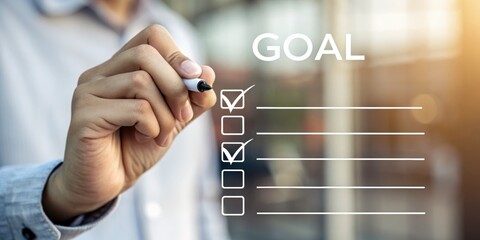 management resources goal-setting. Hand marking completed tasks on a transparent checklist with the word "GOAL" highlighted in the background.