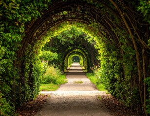 Fototapeta premium Serene Garden Pathway Framed by Lush Green Foliage Arches
