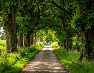 Fototapeta premium Lush Green Tree Canopy Over a Serene Pathway in Nature's Embrace