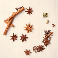 Geometric arrangement of whole spices on light wood