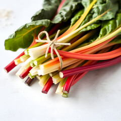 Neat bundle of fresh rainbow chard tied with natural twine