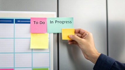 management resources goal-setting. Hand placing a yellow sticky note on a progress board with "To Do" and "In Progress" sections visible.