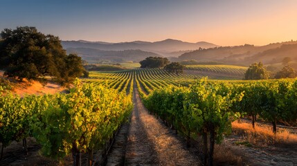 Fototapeta premium Golden Hour Sunset Over Rolling Vineyard Hills with Lush Green Grapes.
