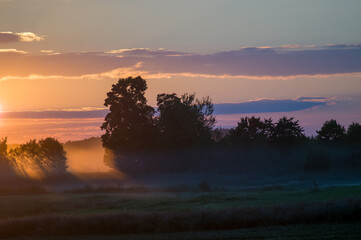 Krajobraz kolorowy zachód słońca mgła nad polami.   © Monika
