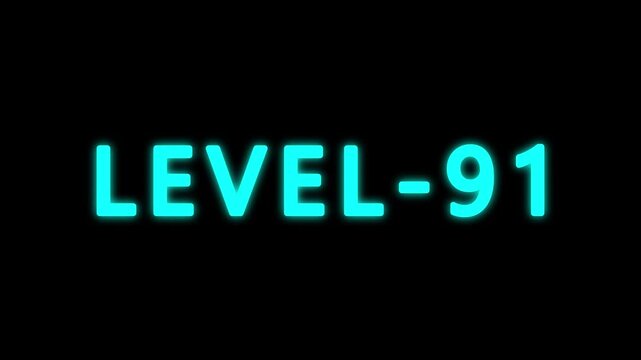 LEVEL 91 text animation on black background. typography ideal for gaming progress, level 91 text bounce animation with glow effect.