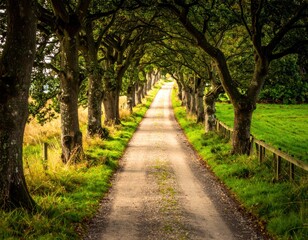 Obraz premium Serene Tree-Lined Dirt Pathway Through Lush Green Landscape