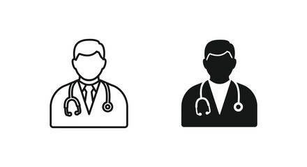 A simple graphic depicts two doctor icons one outlined in white and the other in solid black