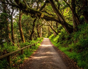 Fototapeta premium Serene Pathway Through Lush Green Forest Landscape in Daylight