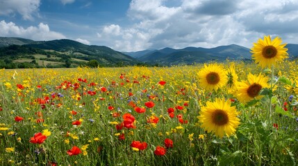 Fototapeta premium Vibrant Sunflower and Poppy Field Under a Cloudy Sky.