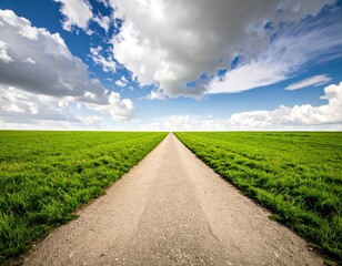 Expansive Roadway through Green Field under Dramatic Cloudy Sky
