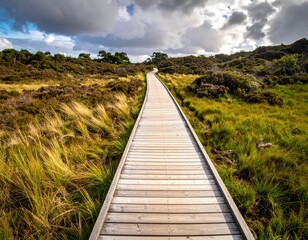 Serene Wooden Pathway Through Lush Green Landscape in Nature