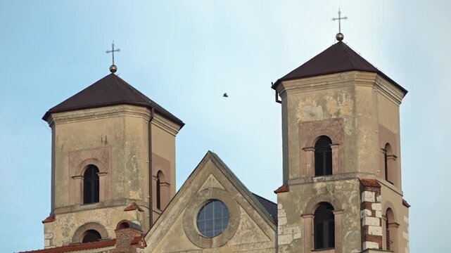 Close-up of the towers of the Benedictine Abbey, Krakow, Poland, ground shot