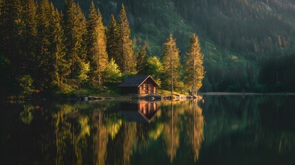 Obraz premium Serene Lakeside Cabin Nestled Among Pine Trees at Sunrise.