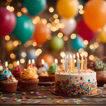 Festive birthday scene with cake, cupcakes, balloons and candles