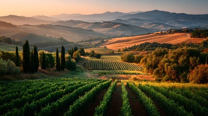 Naklejka premium A panoramic view of a vineyard in the countryside at sunset