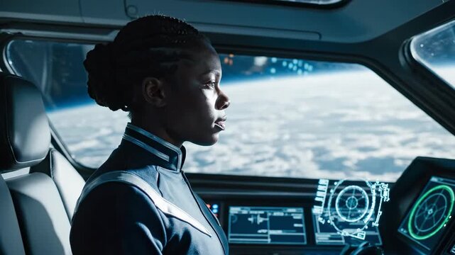 A young Black woman with braided hair operates a futuristic spacecraft cockpit. High-tech screens display data against a backdrop of Earth in space.