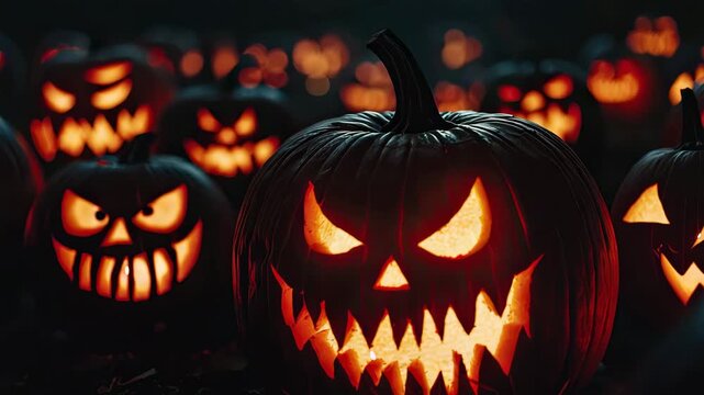 Halloween pumpkins glow in the dark. Selective focus