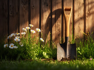 Metal shovel resting in a garden with green grass and daisy flower near a wooden fence, photographed outdoors in sunlight and soft shadow during spring or summer to show gardening work, care.