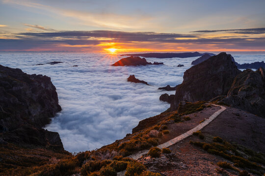 Footpath through dramatic mountain landscape at sunset, Pico do Arieiro Madeira