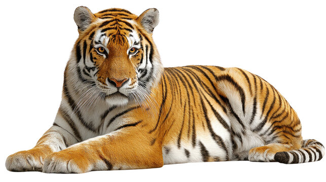Majestic Tiger Portrait: A stunning tiger lounges, its powerful form exuding grace. This captivating portrait highlights the animal's intense gaze and distinctive striped coat. 