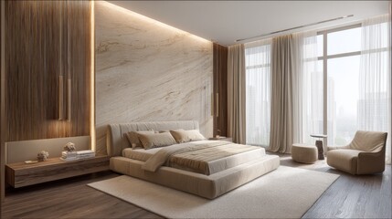 Modern Minimalist Bedroom Design with Natural Elements and Warm Lighting in Contemporary Urban Setting