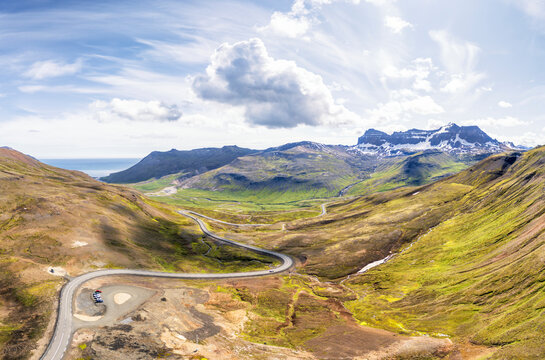 Winding Road 94 through Vatnsskar� eystra pass and Dyrfj�ll peaks in Iceland