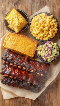 Delicious barbecue feast with ribs, cornbread, mac and cheese, and coleslaw  a tasty culinary experience