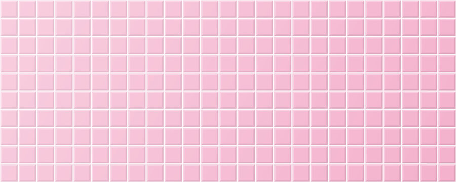 Pink tile bathroom wall, ceramic grid floor in kitchen or bathroom, pink tiled square mosaic, realistic shelf bath bg for woman, fashion or cosmetic presentation. Vector illustration.