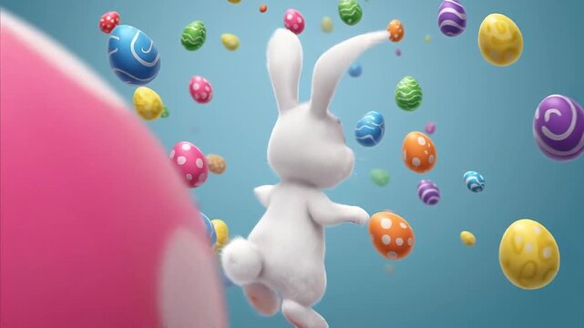 Easter bunny surrounded by colorful floating easter eggs
