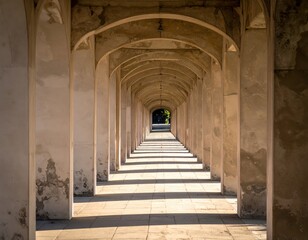 Serene Archway Perspective with Shadows and Light Play on Pathway