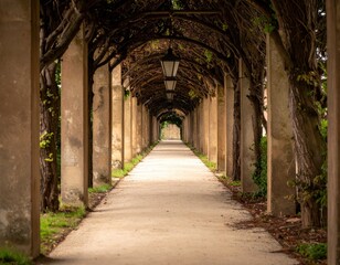 Obraz premium Serene Pathway Under Canopy of Ivy-Laden Arches in a Garden