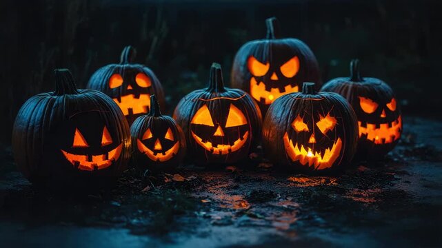 Halloween pumpkins glow in the dark. Selective focus
