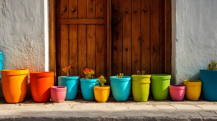 Naklejka premium Colorful Ceramic Flower Pots Lined Up on a Sunny Ledge.