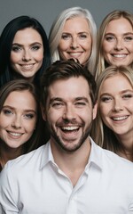 Fototapeta premium Five smiling people, diverse ages and styles, posing together in a warm group photo.