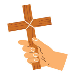 Obraz premium hand holding wooden cross, Christian faith and religion symbol, prayer, belief and spirituality concept for church design, Easter, Palm Sunday and religious projects- vector illustration