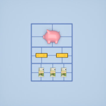 3D piggy bank and currency pieces in a craft kit symbolizing finance