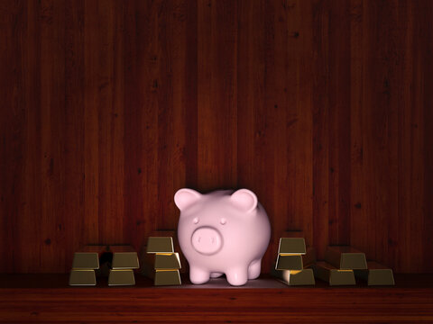 Piggy bank and gold bars symbolize wealth and saving stability