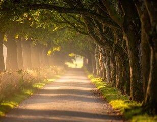 Fototapeta premium Serene Tree-Lined Pathway Illuminated by Soft Morning Light