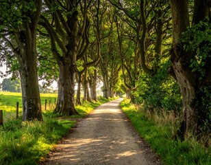 Fototapeta premium Serene Tree-Lined Pathway in the Heart of a Lush Green Landscape
