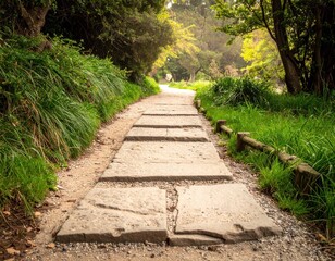 Fototapeta premium Scenic Pathway with Stone Slabs Surrounded by Lush Greenery