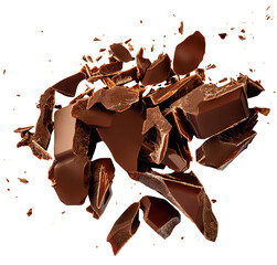 Broken chocolate explosion isolated on white. Milk Chocolate scattered, flying in air. Top view. Flat lay